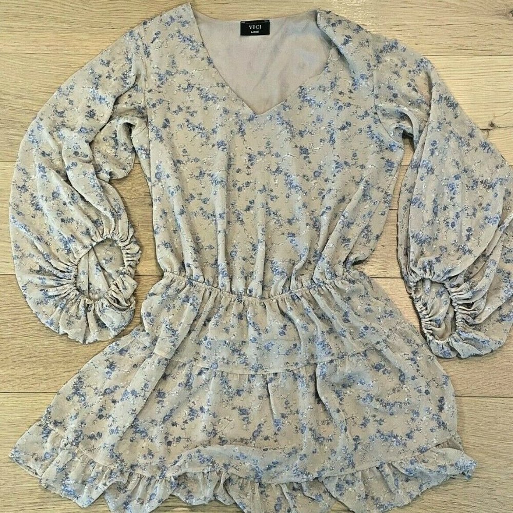 VICI Knots Floral Blue Tan Balloon Long Sleeve Elastic Waist Mini Dress Size L